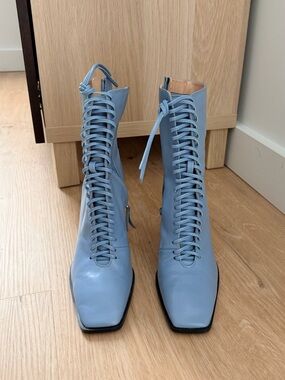 Zara Lace Up Leather Boots Sky Blue - 39